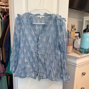 Maje Powder Blue Sheer Button-Front Paisley Blouse